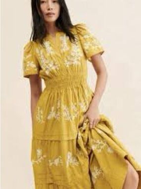 Anthropologie Sunflower Yellow Embroidered Maxi Dress